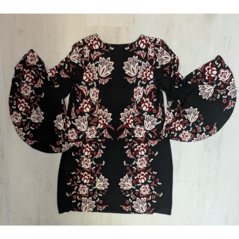 Black Floral Fit & Flare Dress Bell Sleeves Roz & Ali XL Boho Stretch Whimsigoth - Picture 3 of 8